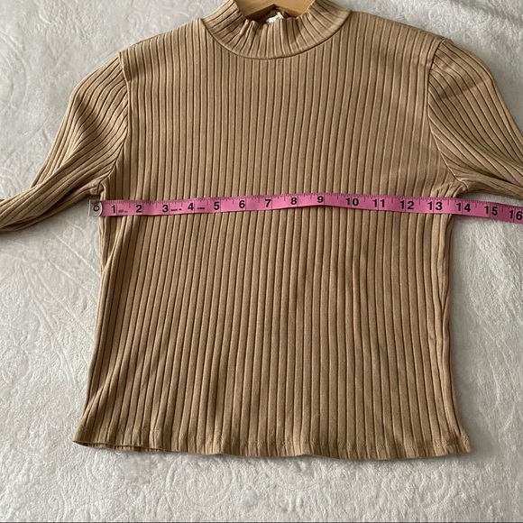 Tan Semi Cropped Funnel Neck Ribbed Top - Picture 2 of 9
